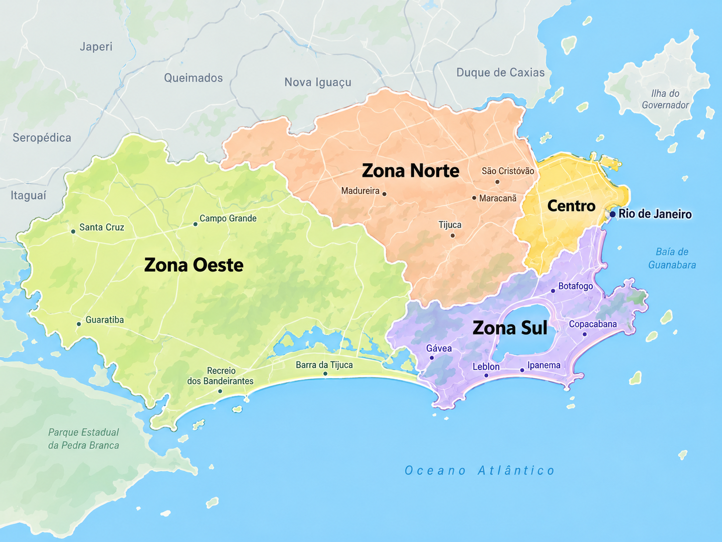 Mapa do município do Rio de Janeiro dividido em Zona Oeste, Zona Norte, Centro e Zona Sul